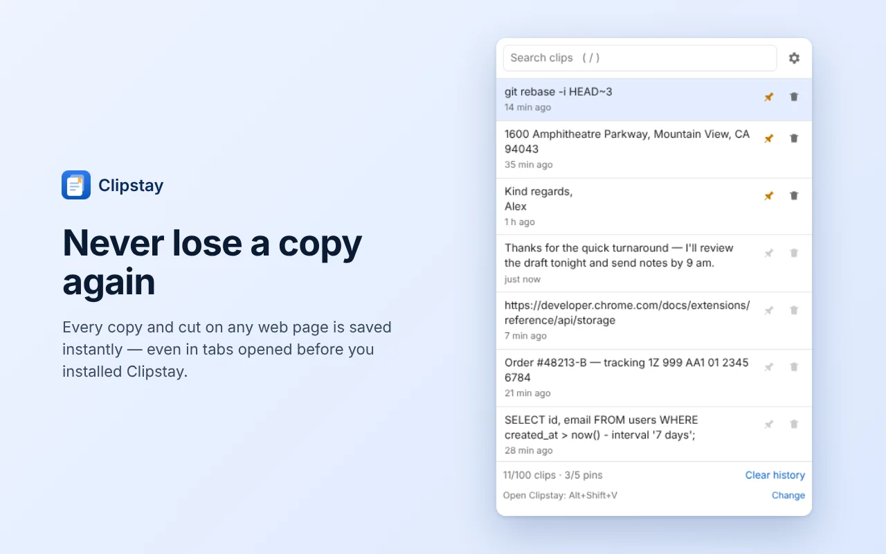 The Clipstay popup showing a searchable list of recent clips, with three pinned.