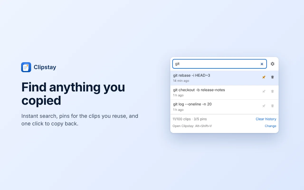 The Clipstay popup filtered by the word git, showing three matching clips.